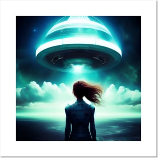 A girl looking at UFO in the sky Posters and Art